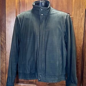 VTG CHESS KING MEN'S UNISEX LEATHER BOMBER JACKET REMOVABLE LINING GREEN 46/XL